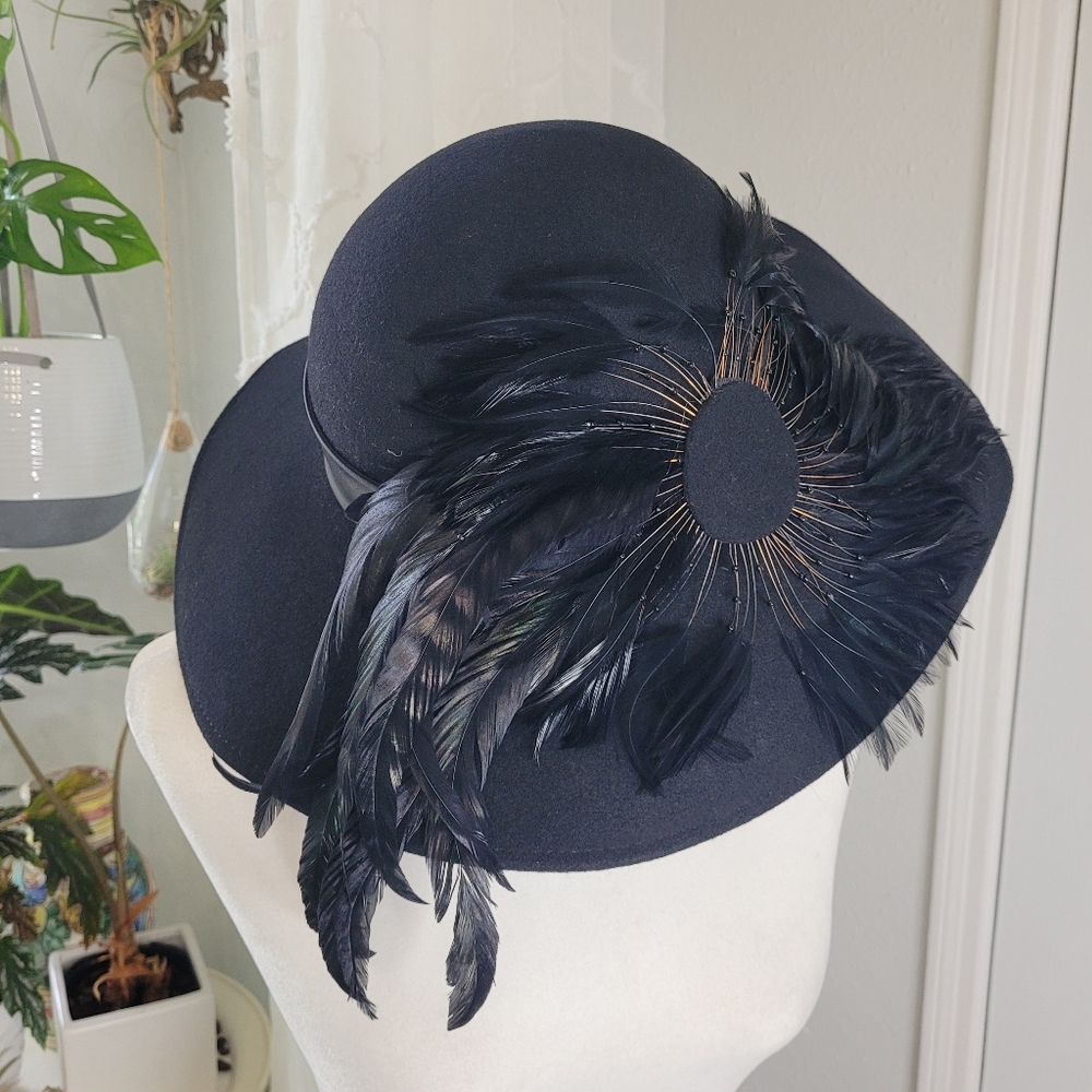 Rare Vintage 1960s - 70s Michael Howard, Mr. Charles, feathered wool hat black f
